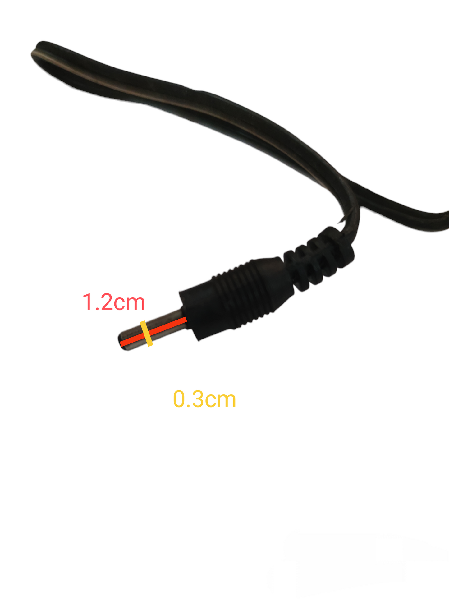 Black cable plug for multi output AC adaptor with measurements on connector tip