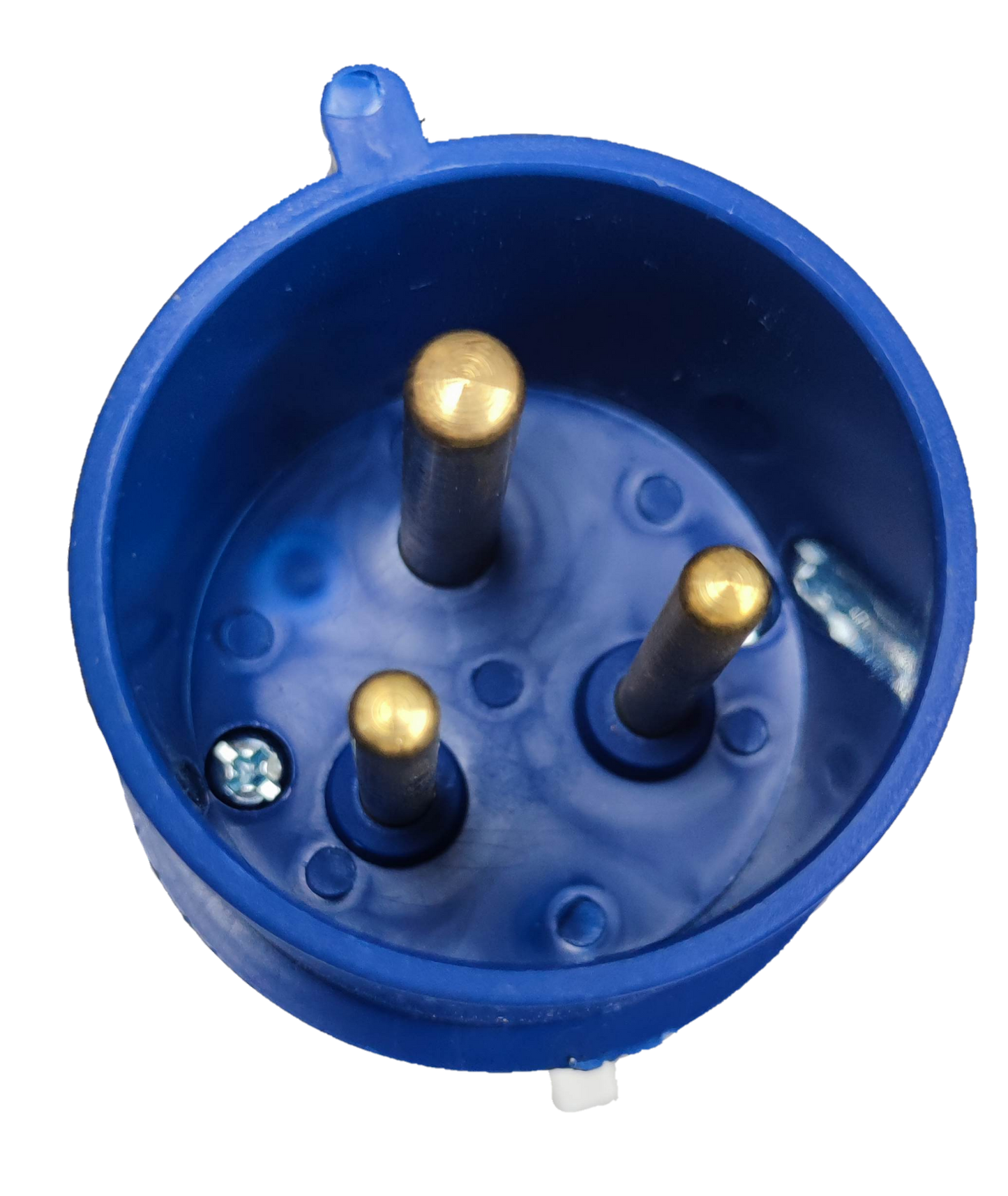 Grippes blue multi-phase power connector IEC309-2 with three brass pins for electrical circuitry