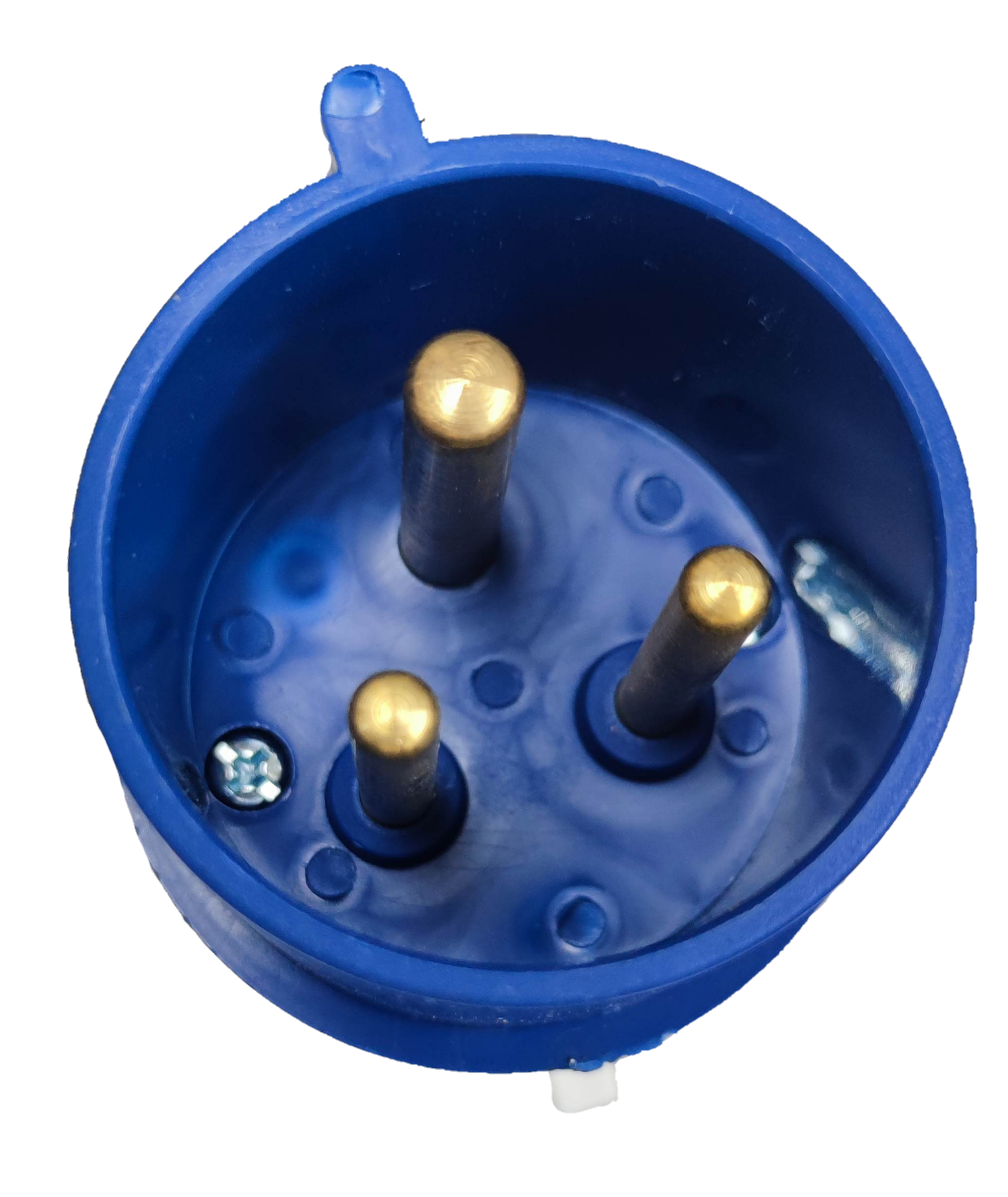 Grippes blue multi-phase power connector IEC309-2 with three brass pins for electrical circuitry