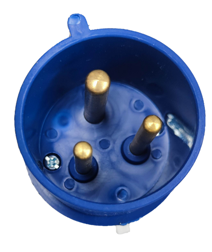 Grippes blue multi-phase power connector IEC309-2 with three brass pins for electrical circuitry
