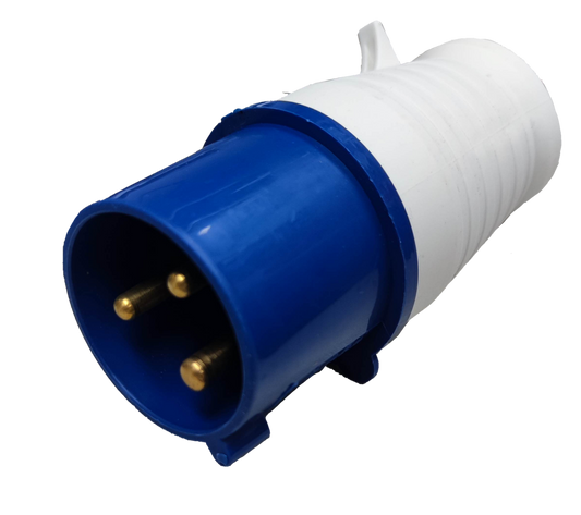 Grippes multi-phase power connector IEC309-2 with blue and white casing and three gold pins