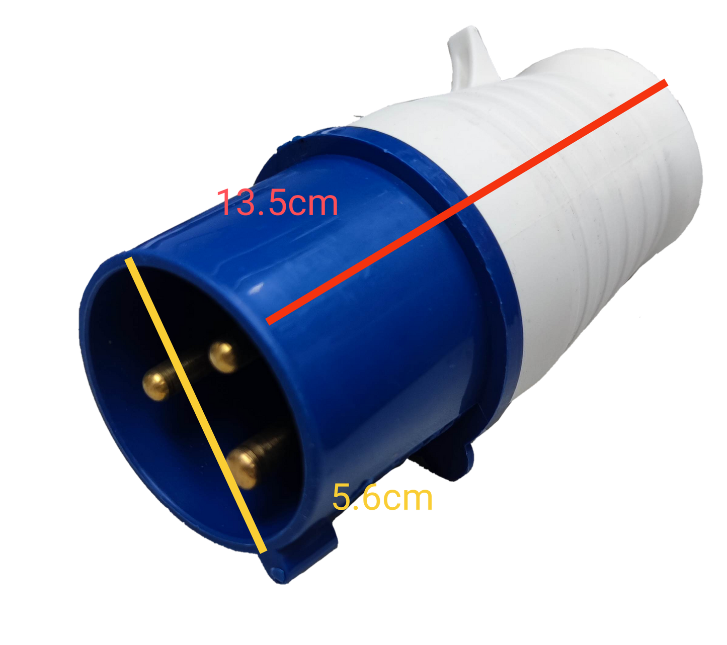 Grippes multi-phase power connector IEC309-2 in blue and white with brass pins and measurements