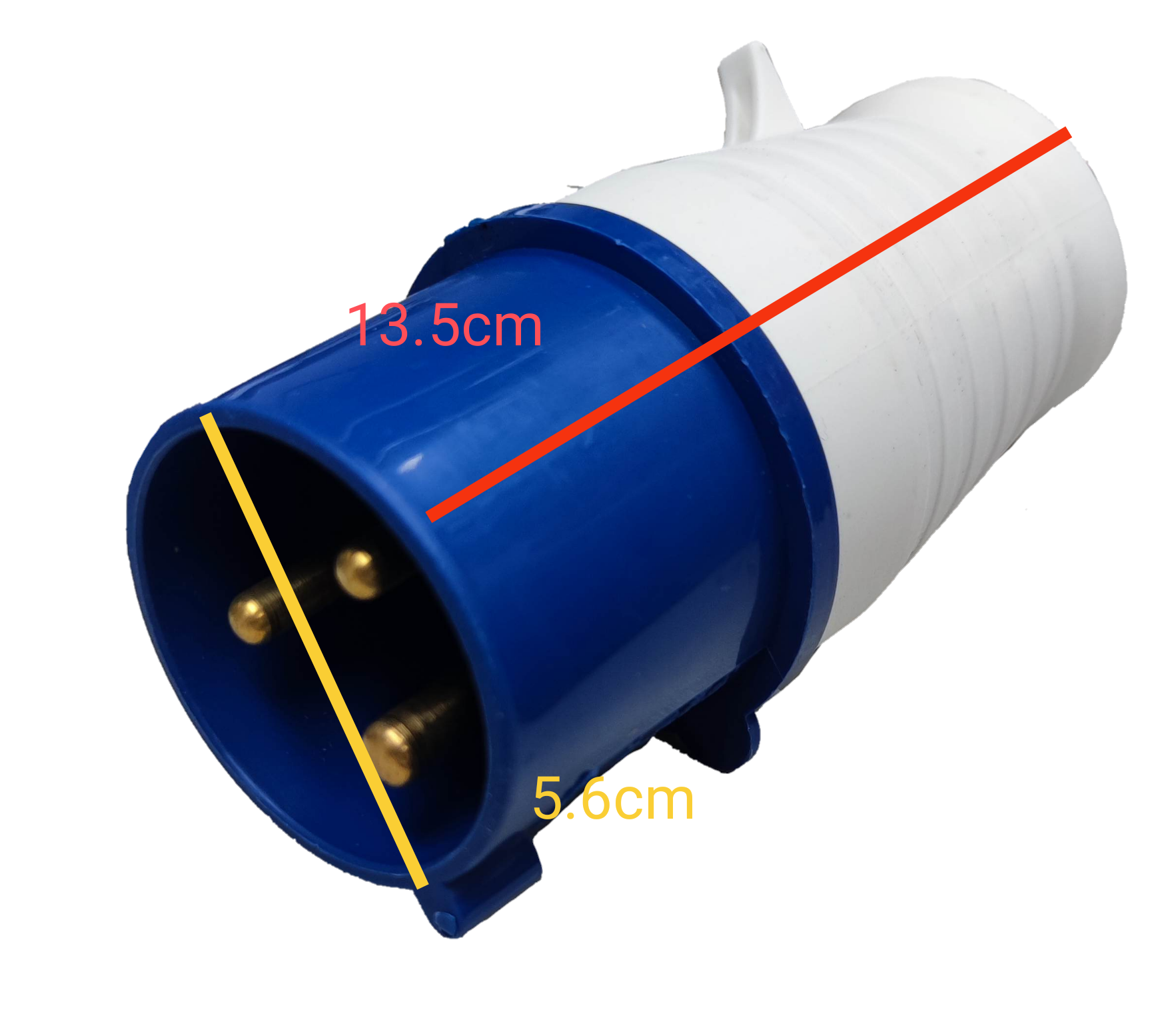 Grippes multi-phase power connector IEC309-2 in blue and white with brass pins and measurements