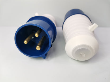 Grippes multi-phase power connector IEC309-2 with blue and white casing and three brass pins