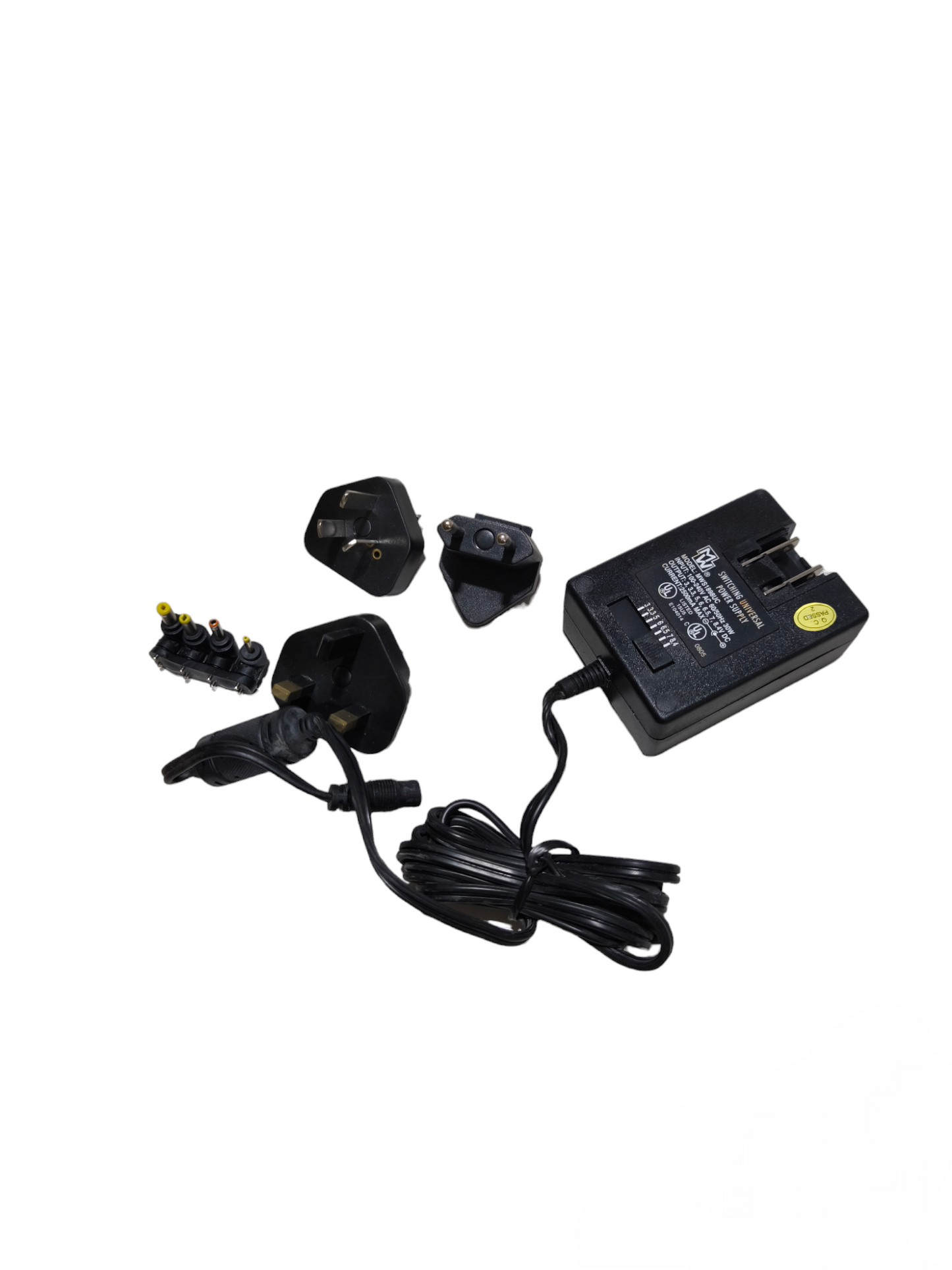 MW Switching Universal Power Supply with multiple plug adapters and a long black cable for versatile power connections