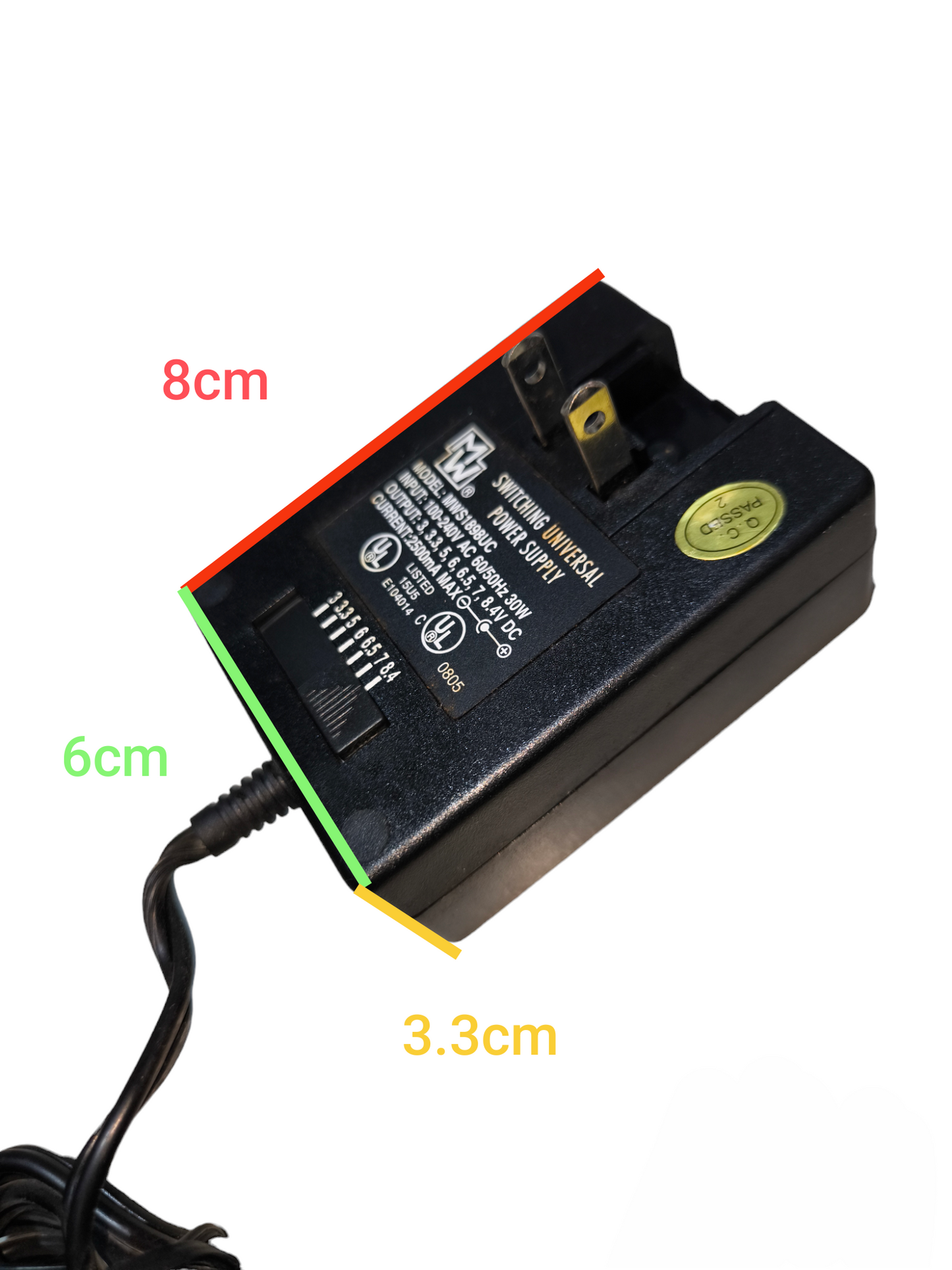 MW Switching Universal Power Supply black adapter with power cord and plug measuring 8cm by 6cm by 3.3cm