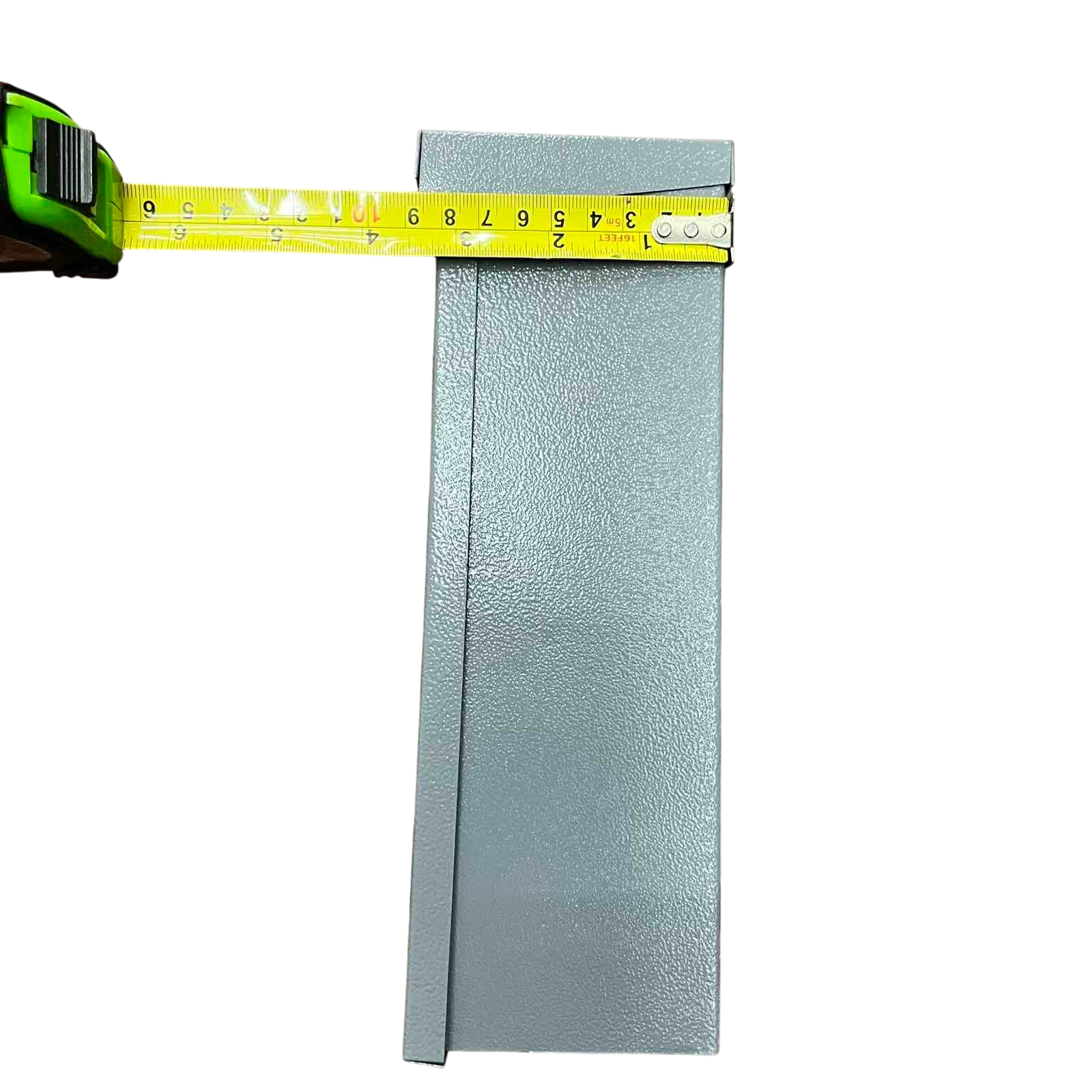 Measuring tape next to Nema 3R panel board housing highlighting its dimensions and sturdy design