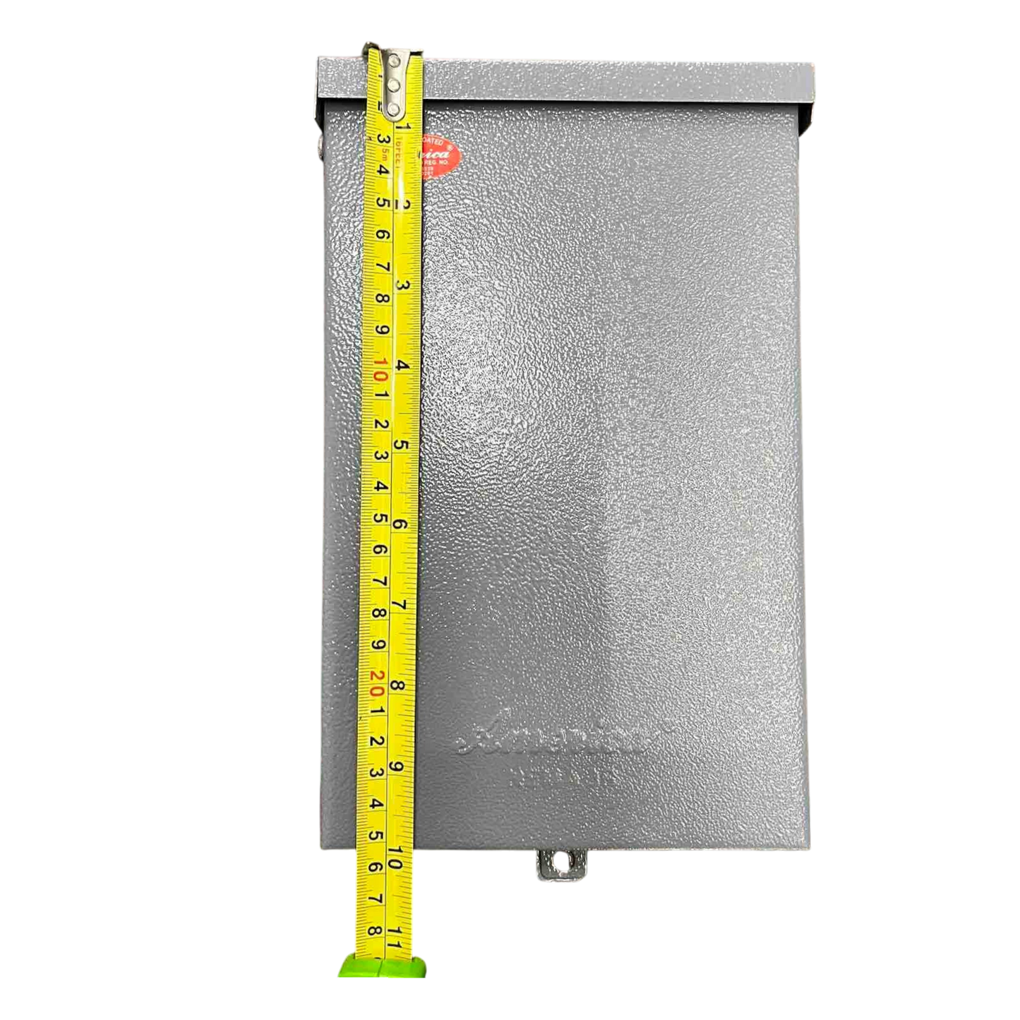 Nema 3R panel board housing with a measuring tape for size reference in gray color