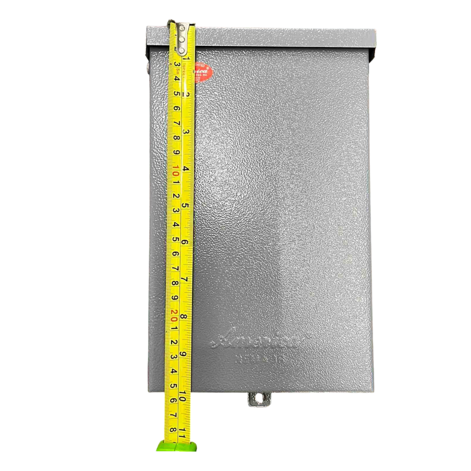 Nema 3R panel board housing with a measuring tape for size reference in gray color