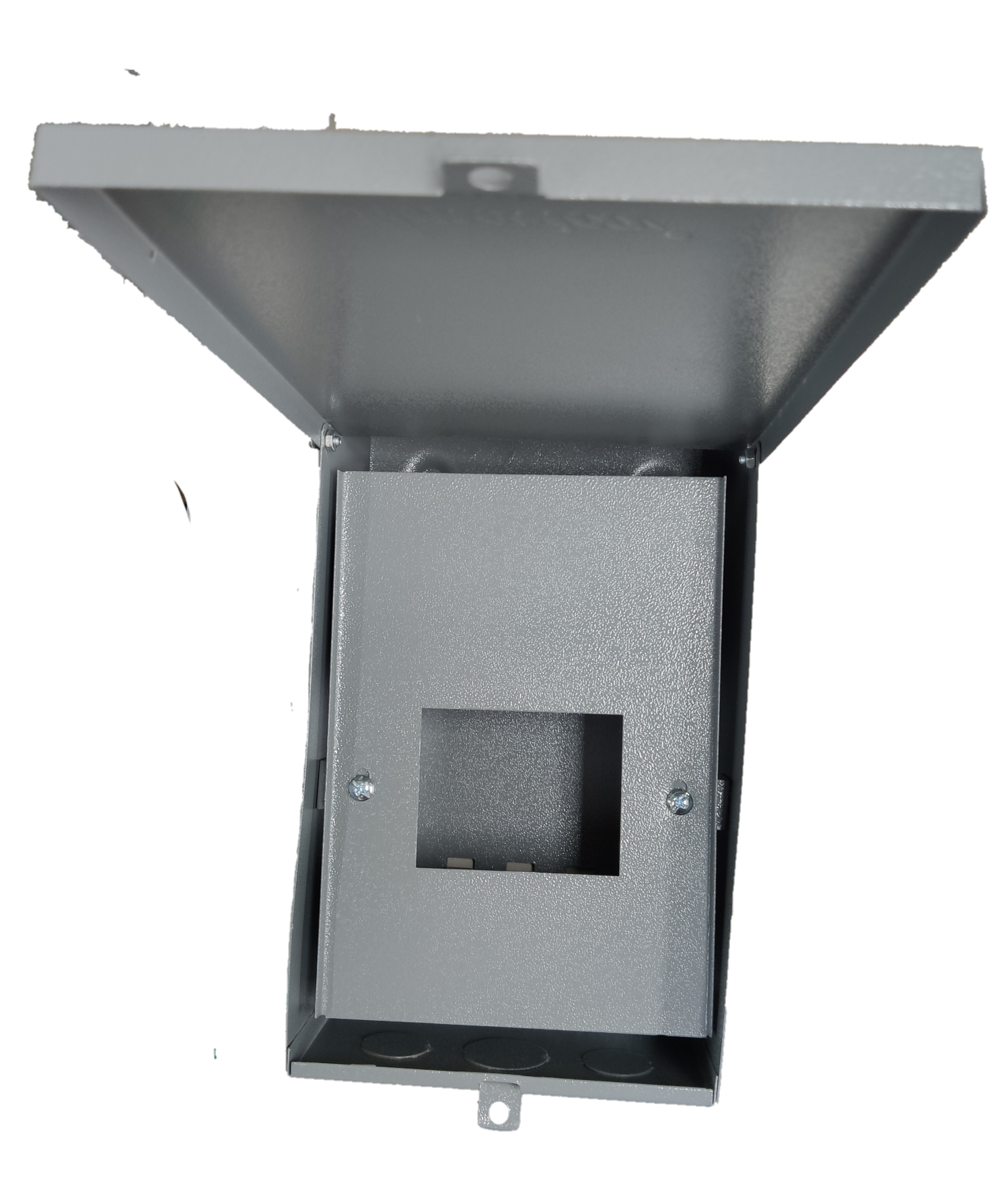 Nema 3R panel board housing in gray with a hinged cover for outdoor electrical applications