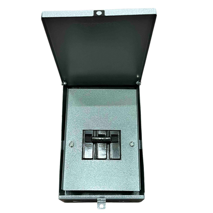 Nema 3R panel board housing with an open cover displaying circuit breakers and interior components