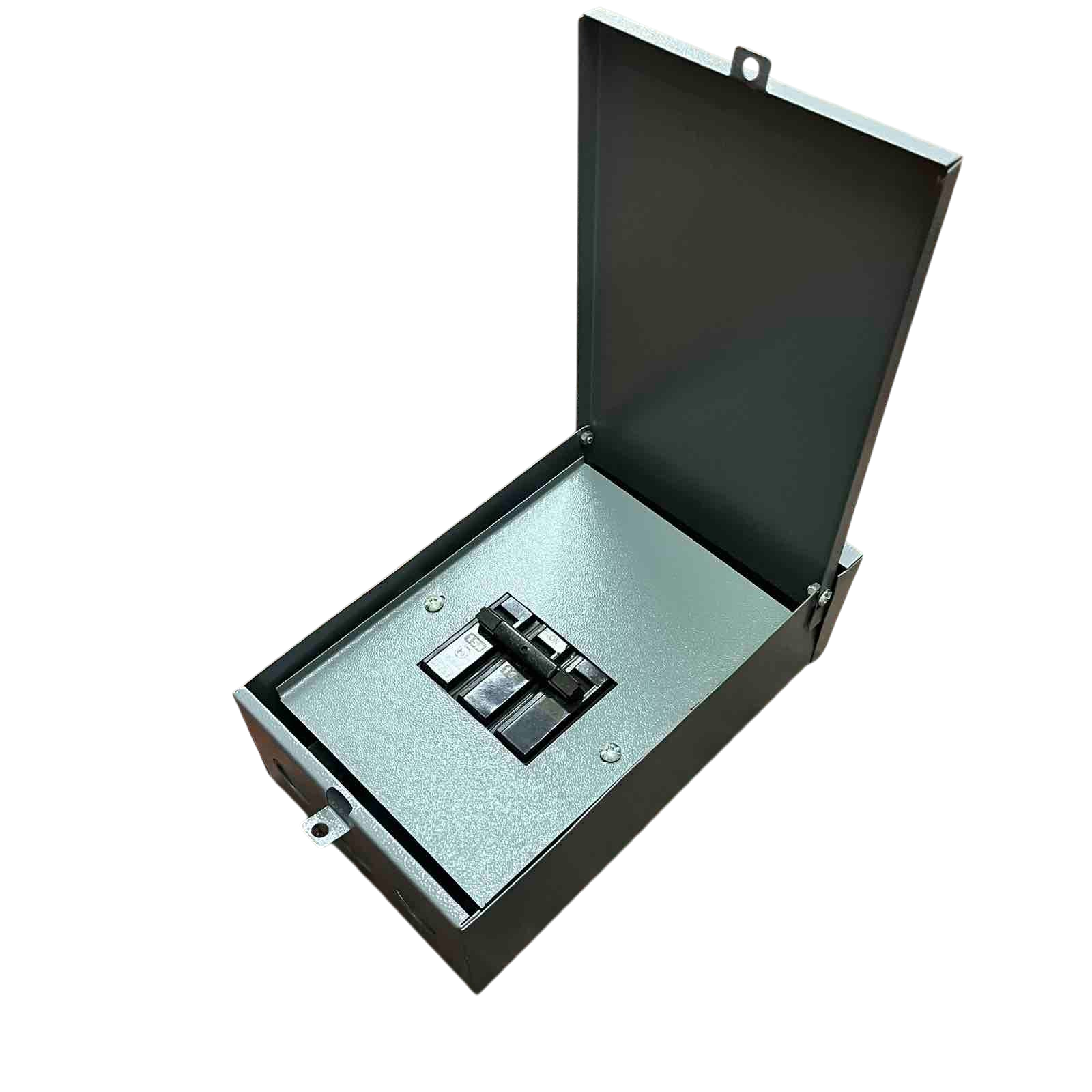 Nema 3R panel board housing with open lid and circuit breakers for electrical installations