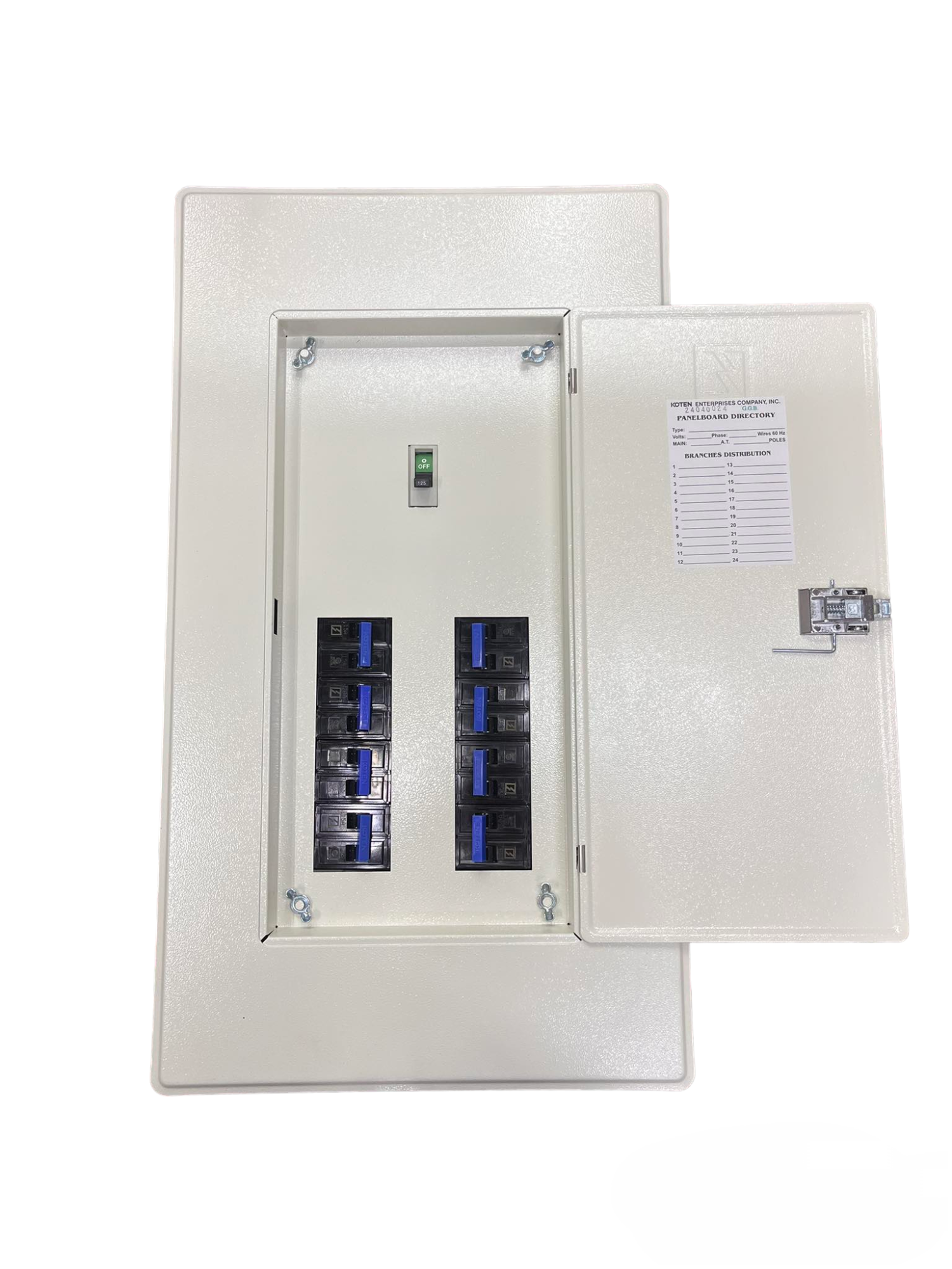 Koten white metal distribution panel with open door showing eight breakers, 8 Branches 175A 2P with B-On Branches