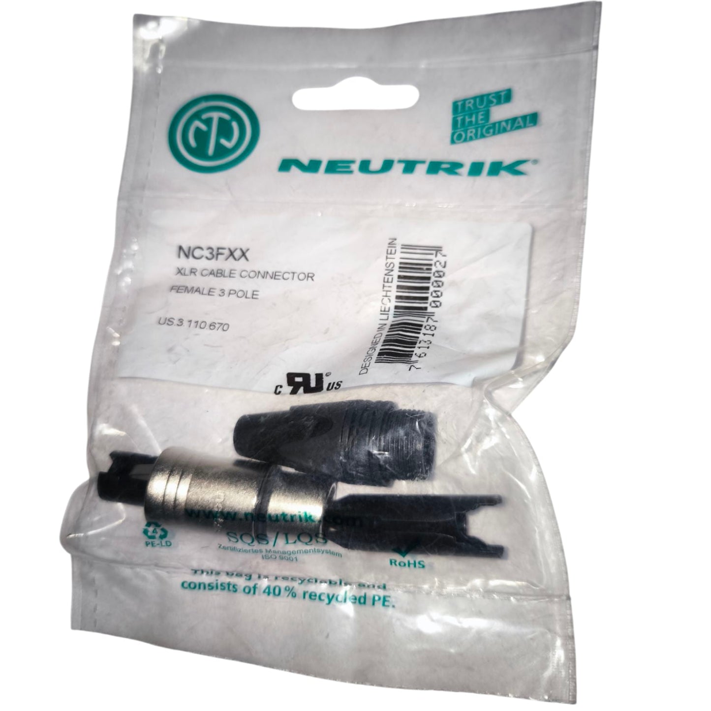 Neutrik XLR Cable Connector Female 3 Pole packaged for audio equipment connection