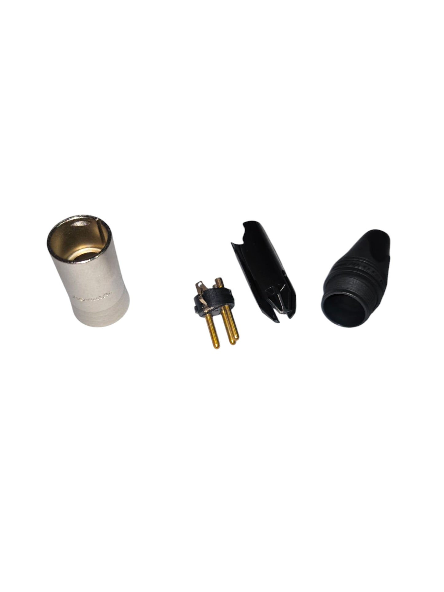Neutriks microphone accessories showing parts of an XLR male cable connector including metal and plastic components