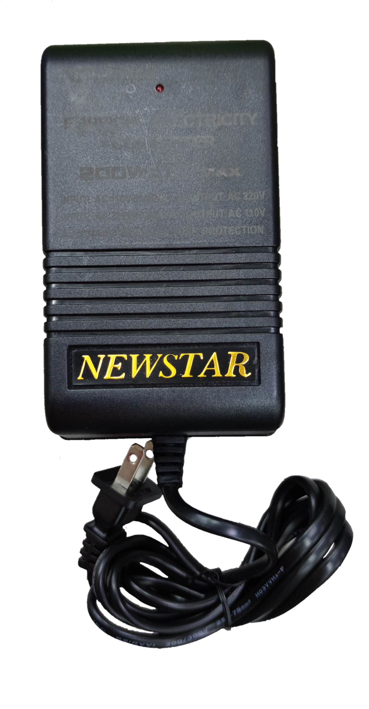 Newstar Step Down Transformer 200W NF-200A black power adapter with attached plug and cord