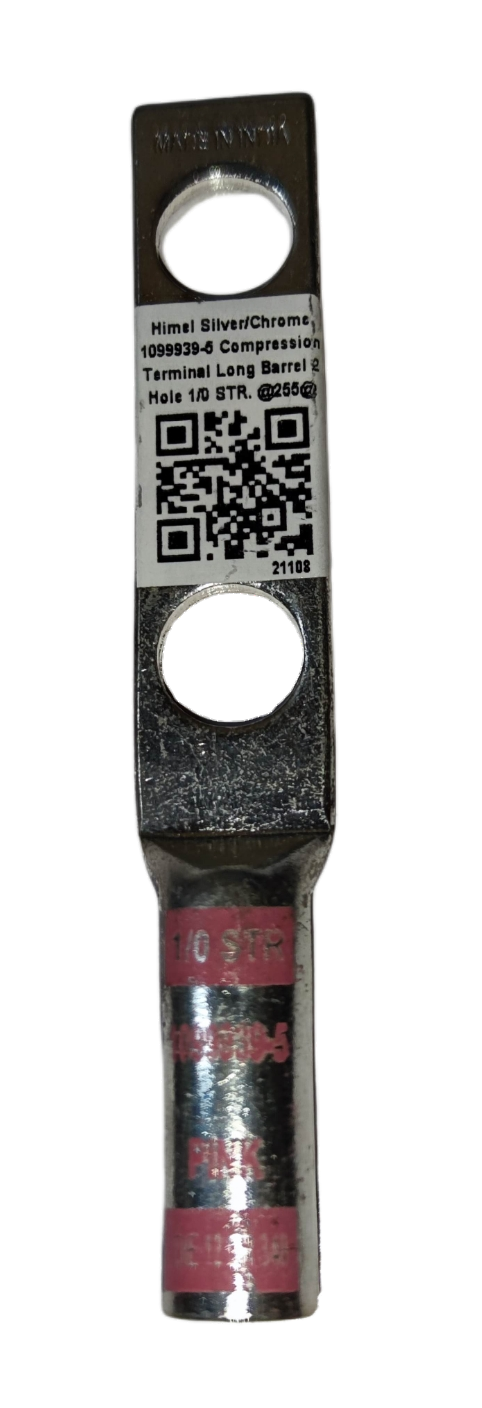 Utilux Terminal Lugs Compression Type Long Barrel silver chrome electrical lug with QR code and single bolt hole