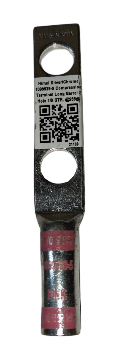 Utilux Terminal Lugs Compression Type Long Barrel silver chrome electrical lug with QR code and single bolt hole