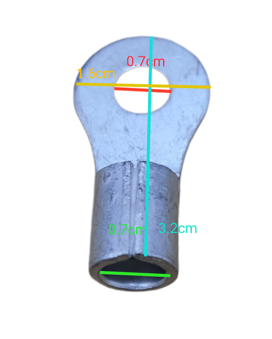 Non-insulated round terminal lugs 8mm with dimensions 1.6cm width and 3.2cm length for electrical connections