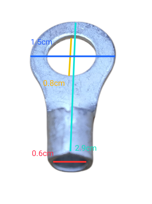 Non-insulated round terminal lugs 8mm with detailed dimensions for electrical connections