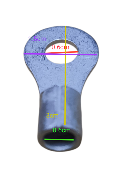 Close-up image of non-insulated round terminal lugs 8mm with precise measurements shown