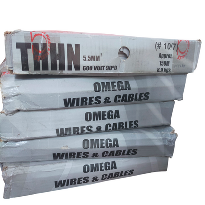 Omega 5.5mm THHN Wire AWG 10 Green boxes stacked for electrical wiring and cables