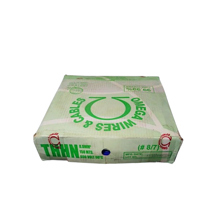 Omega 8.0mm THHN Wire AWG 8 Red packaged in a green and white box with product details
