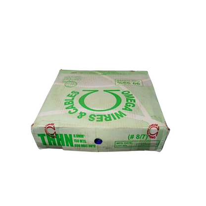 Omega 8.0mm THHN Wire AWG 8 Red packaged in a green and white box with product details