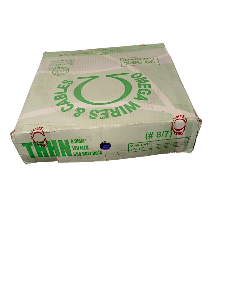 Omega THHN Wire 8 mm Stranded 1 Roll packaged in a green box for electrical applications