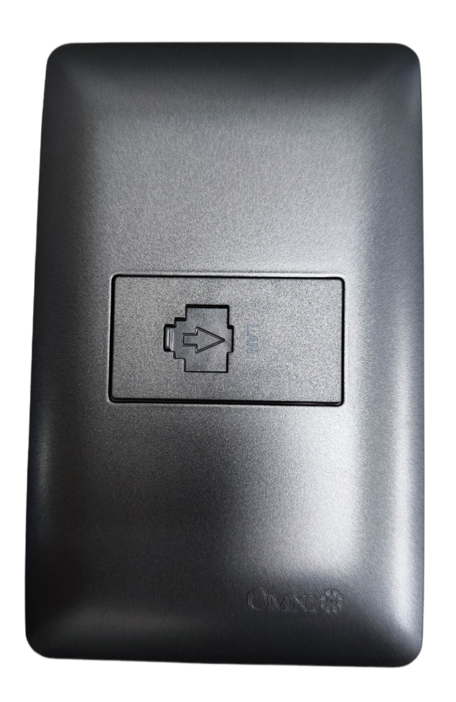 Omni 1 gang ethernet outlet matte silver wall plate with single RJ45 port icon for network connection