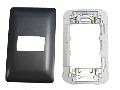 Omni 1 Gang Plate Graphite Series DWP-110G single gang graphite wall plate with white mounting frame and metal brackets