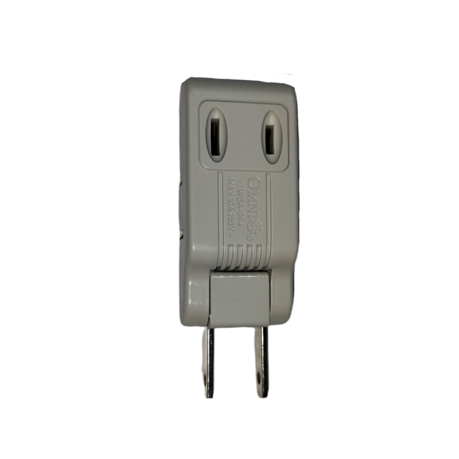 Omni 10A 250V electrical adaptor with two-prong design for safe power connections