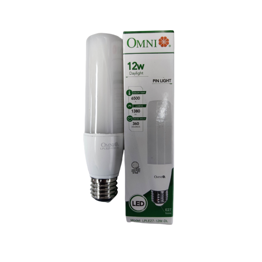 Omni 12W LED stick daylight bulb E27 in white packaging for energy-efficient lighting