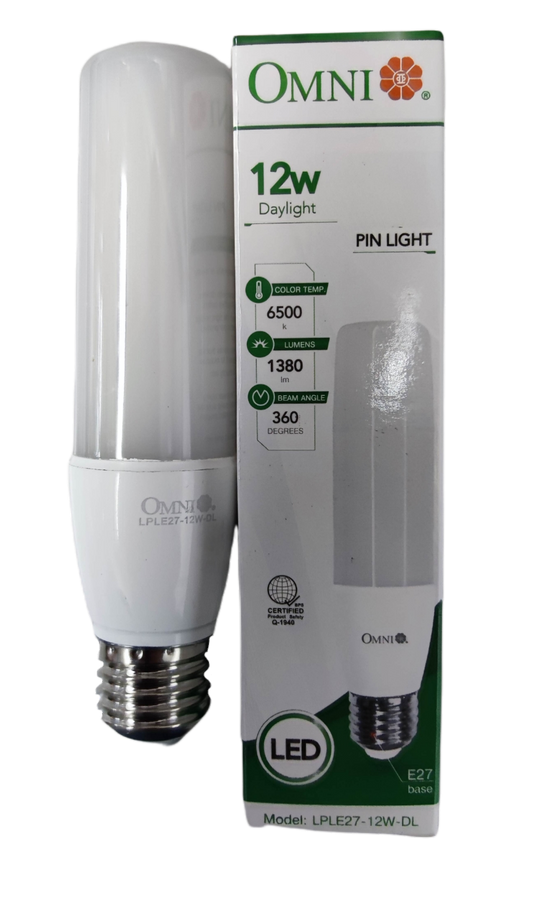 Omni 12W LED stick daylight bulb E27 in white packaging for energy-efficient lighting