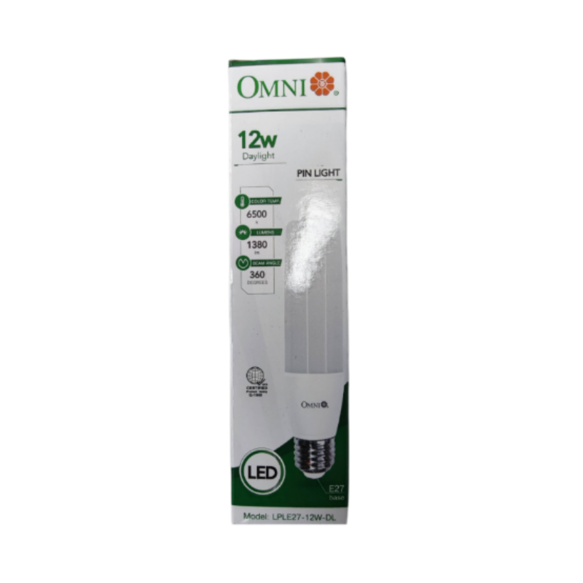 Omni 12W LED stick daylight bulb E27 in white packaging, ideal for bright home lighting