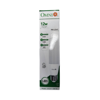 Omni 12W LED stick daylight bulb E27 in white packaging, ideal for bright home lighting