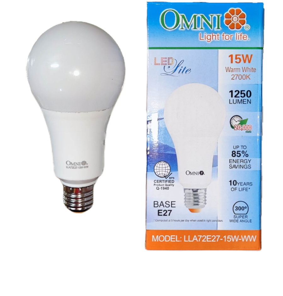 Omni 15W LED Bulb E27 220V A72 with Warm White Light and 1250 Lumen Brightness