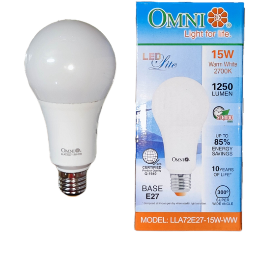 Omni 15W LED Bulb E27 220V A72 with Warm White Light and 1250 Lumen Brightness