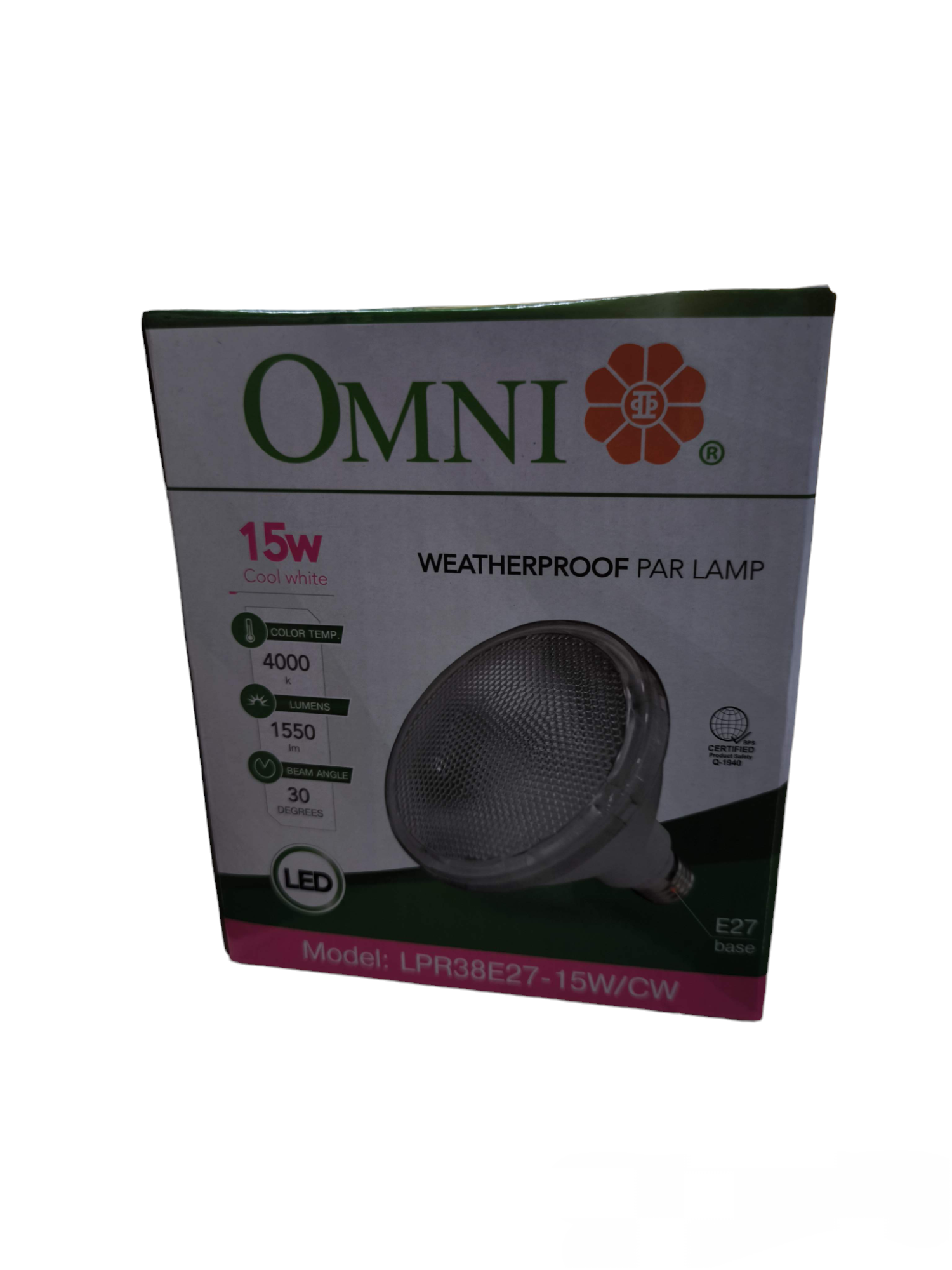 Omni 15W LED PAR 38 Lamp 220V E27 - CW in weatherproof packaging, ideal for outdoor lighting