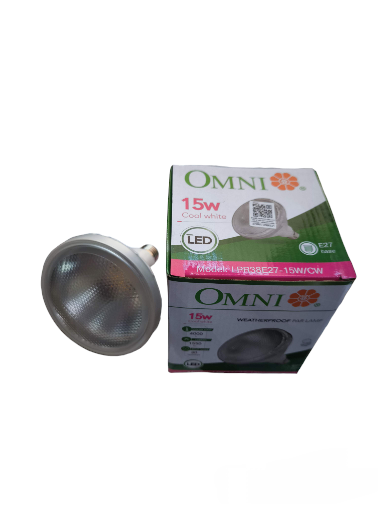 Omni 15W LED PAR 38 Lamp 220V E27 - CW with shiny finish and compact packaging