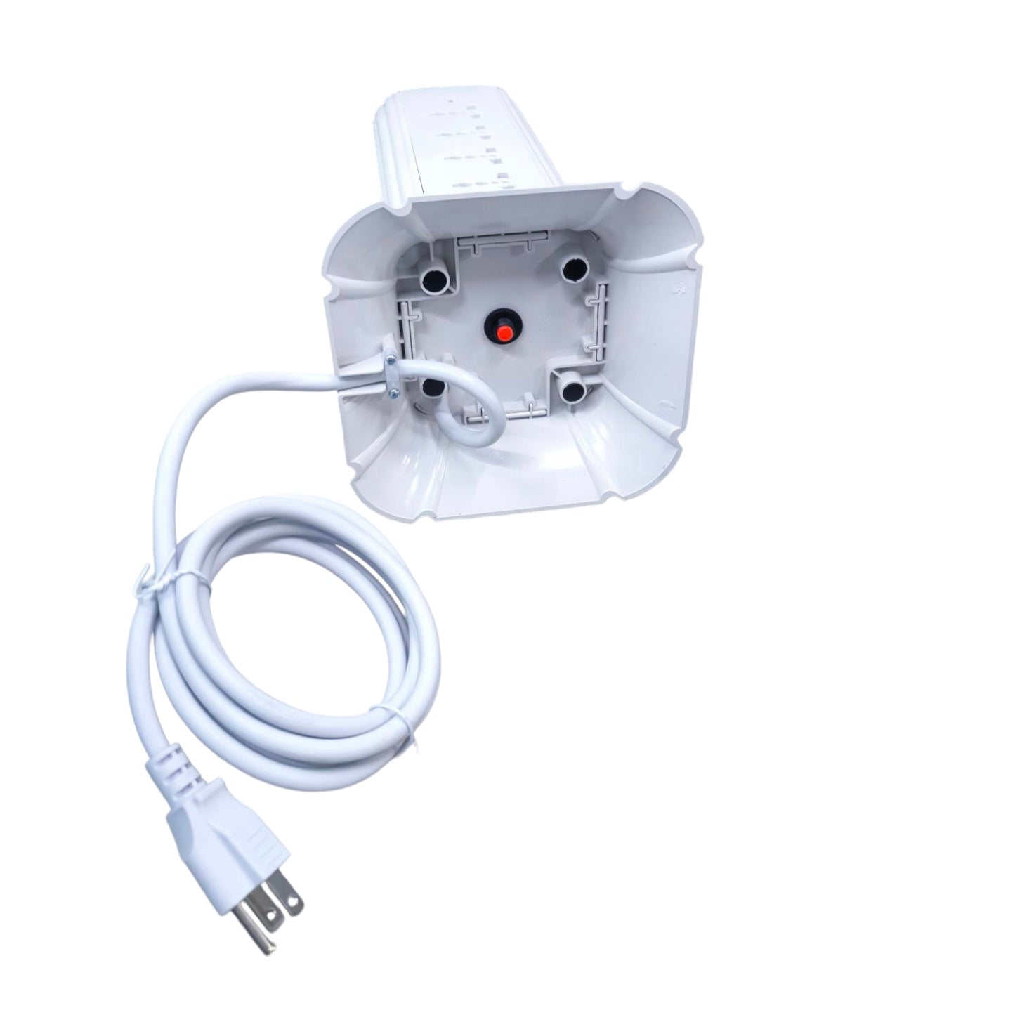 Bottom view of Omni 16 gang extension cord tower showing its power plug and base design in white