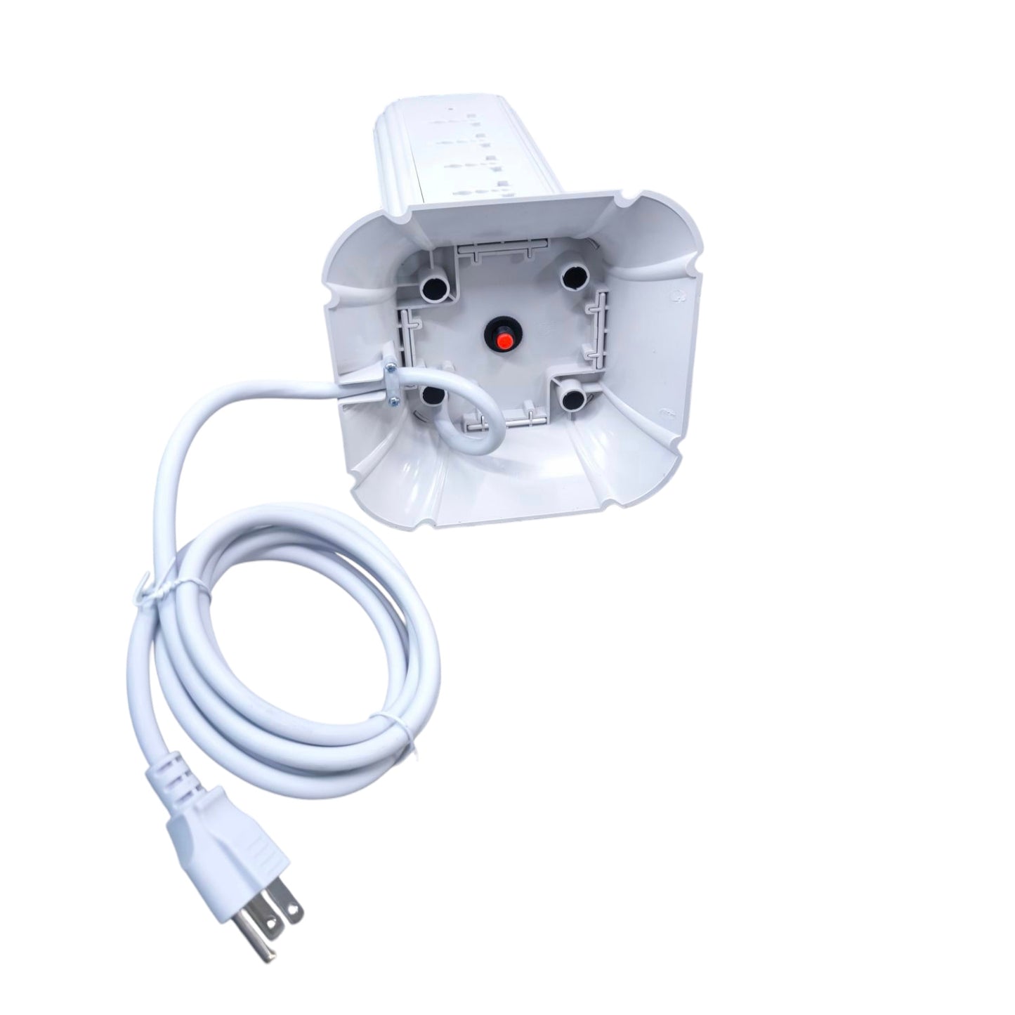 Omni 16 gang extension cord tower showing white power strip base and attached power cord with plug