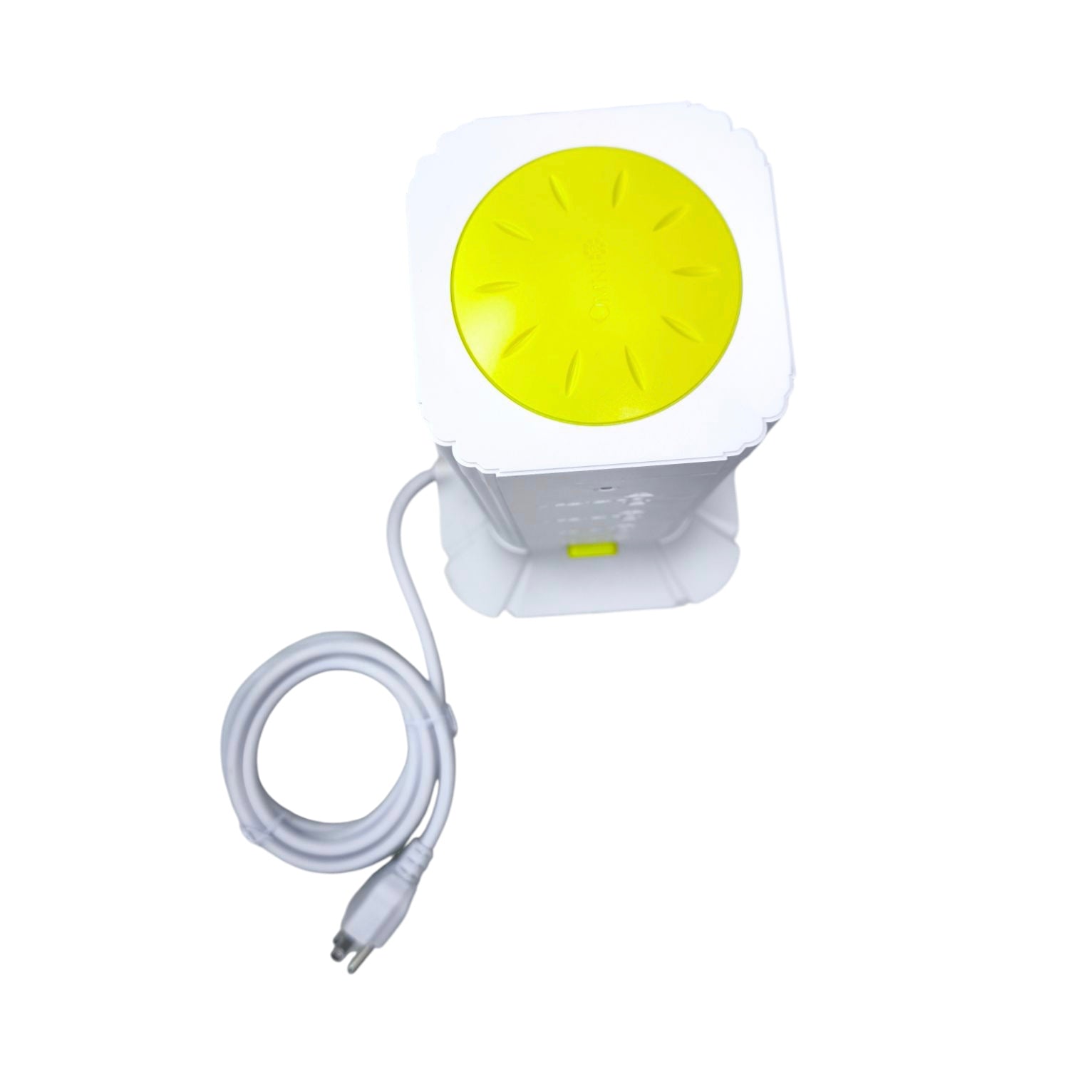 Omni 16 gang extension cord tower with white and yellow design and attached power cable