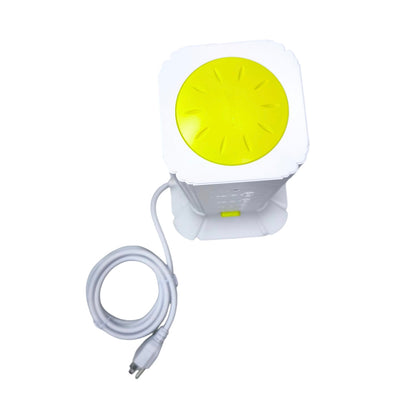 Omni 16 gang extension cord tower with white and yellow design and attached power cable