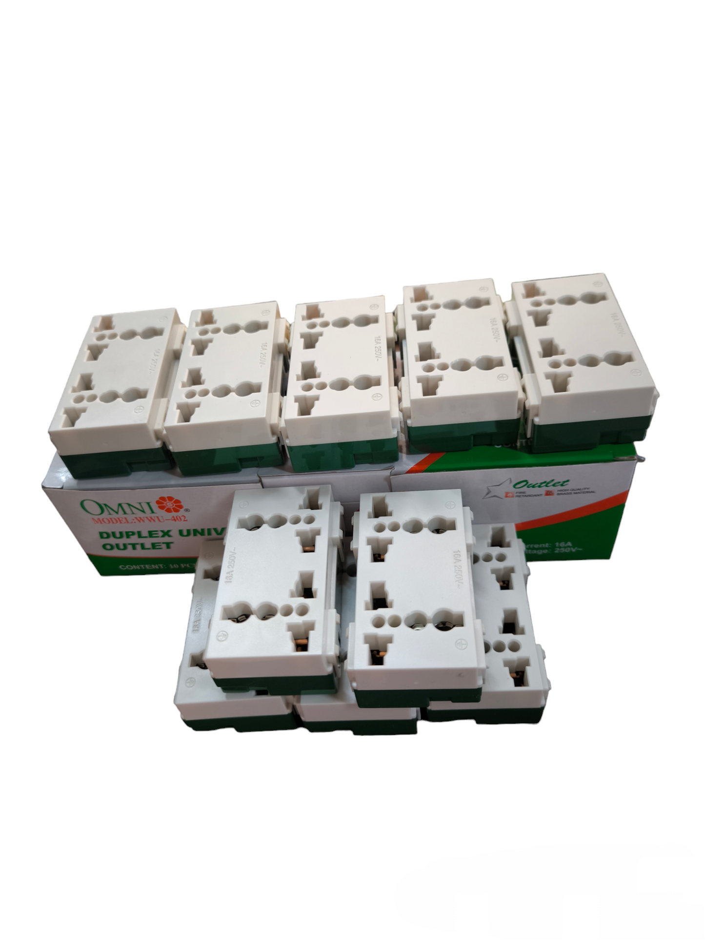Omni 16A 250V electrical outlet pack showcasing multiple duplex outlets for versatile power needs