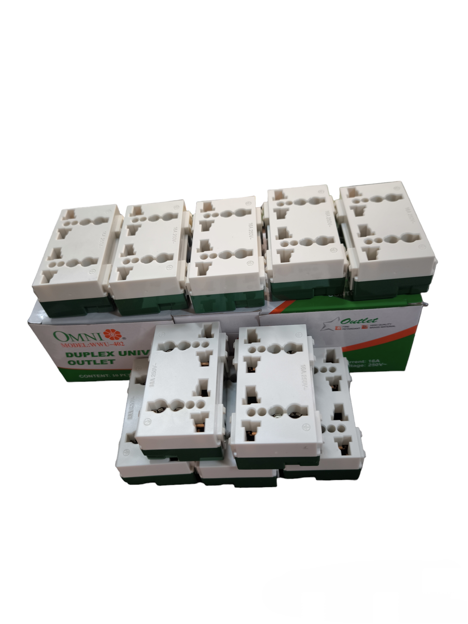 Omni 16A 250V electrical outlet pack showcasing multiple duplex outlets for versatile power needs