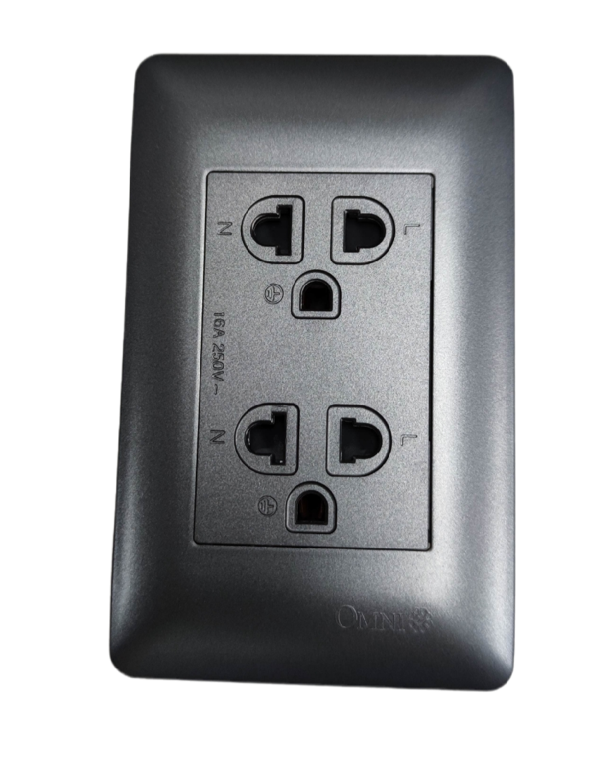 Omni 16A 250V universal power outlet in sleek black design with multiple outlet options