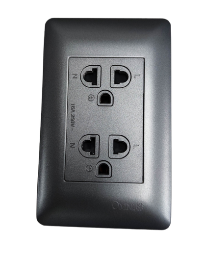 Omni 16A 250V universal power outlet in sleek black design with multiple outlet options