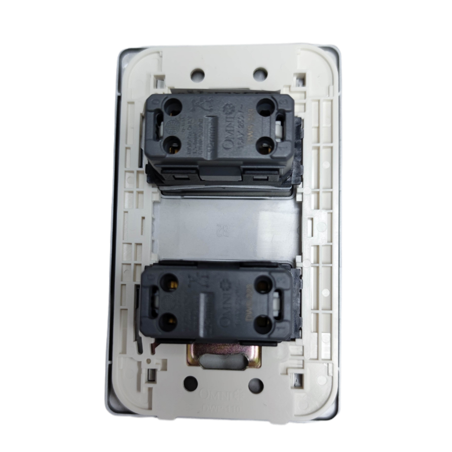 Omni 2 gang 3 way switch back view showing wiring terminals and mounting frame in white