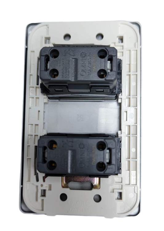 Omni 2 gang 3 way switch back view showing wiring terminals and mounting frame in white